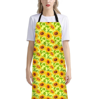 Beige Watercolor Sunflower Pattern Print Bib Apron With Pocket