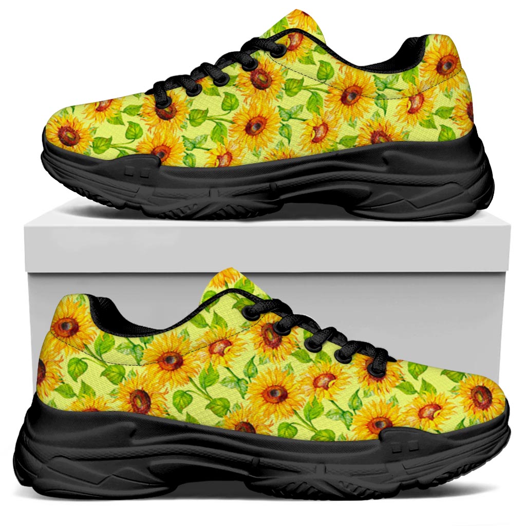 Beige Watercolor Sunflower Pattern Print Black Chunky Shoes