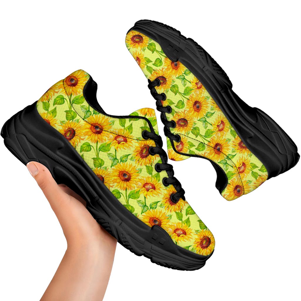 Beige Watercolor Sunflower Pattern Print Black Chunky Shoes