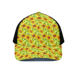 Beige Watercolor Sunflower Pattern Print Black Mesh Trucker Cap