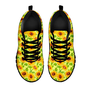 Beige Watercolor Sunflower Pattern Print Black Running Shoes