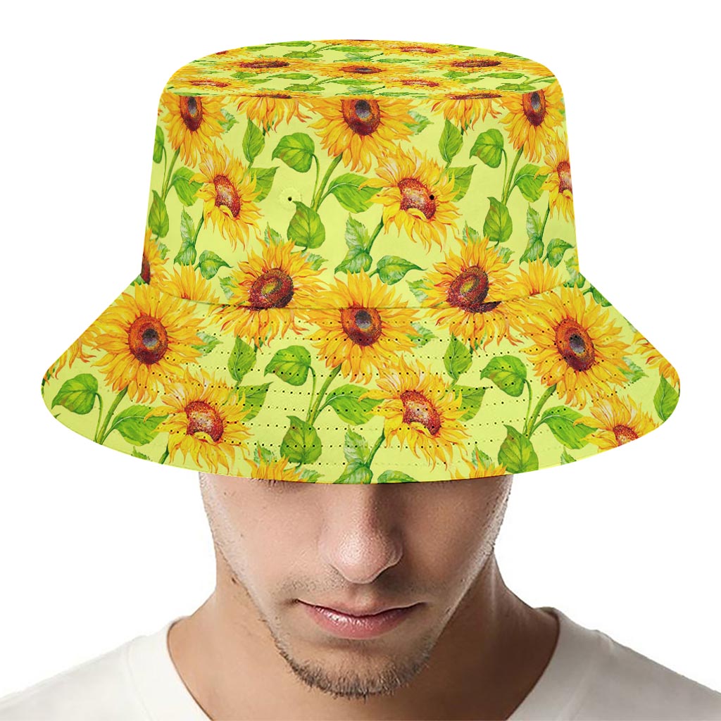 Beige Watercolor Sunflower Pattern Print Bucket Hat