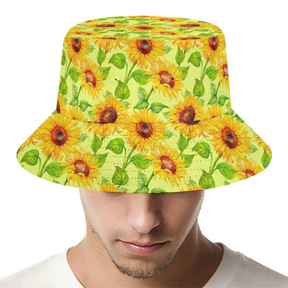 Beige Watercolor Sunflower Pattern Print Bucket Hat