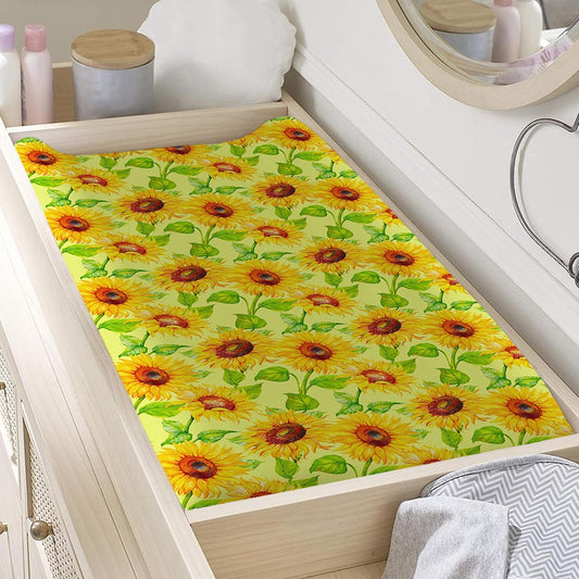 Beige Watercolor Sunflower Pattern Print Changing Pad Cover