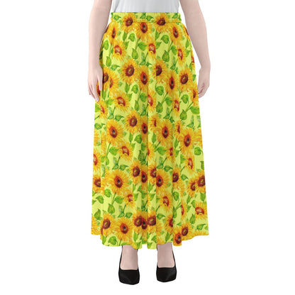 Beige Watercolor Sunflower Pattern Print Chiffon Maxi Skirt
