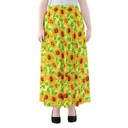 Beige Watercolor Sunflower Pattern Print Chiffon Maxi Skirt