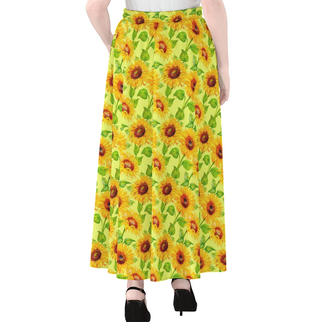 Beige Watercolor Sunflower Pattern Print Chiffon Maxi Skirt
