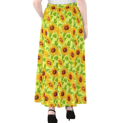 Beige Watercolor Sunflower Pattern Print Chiffon Maxi Skirt