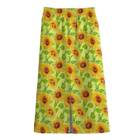 Beige Watercolor Sunflower Pattern Print Cotton Front Slit Maxi Skirt