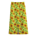 Beige Watercolor Sunflower Pattern Print Cotton Front Slit Maxi Skirt