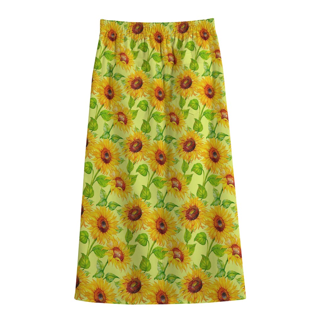 Beige Watercolor Sunflower Pattern Print Cotton Front Slit Maxi Skirt