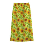 Beige Watercolor Sunflower Pattern Print Cotton Front Slit Maxi Skirt