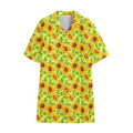 Beige Watercolor Sunflower Pattern Print Cotton Hawaiian Shirt