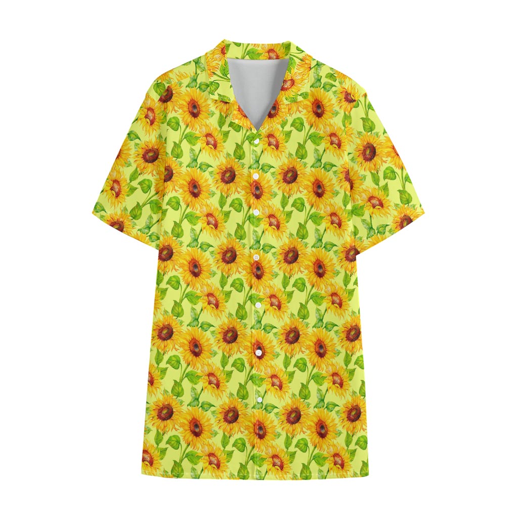 Beige Watercolor Sunflower Pattern Print Cotton Hawaiian Shirt