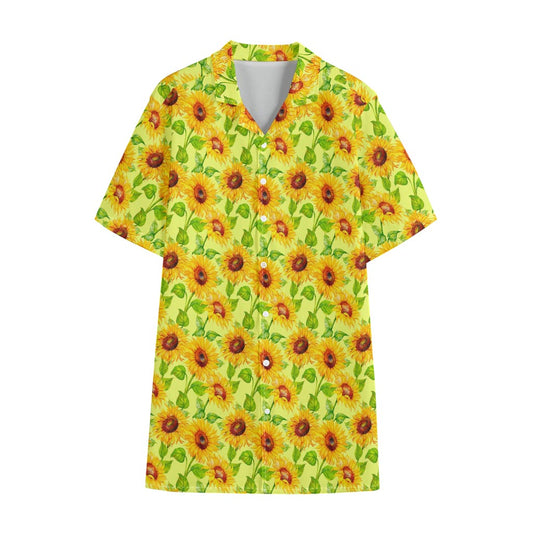 Beige Watercolor Sunflower Pattern Print Cotton Hawaiian Shirt