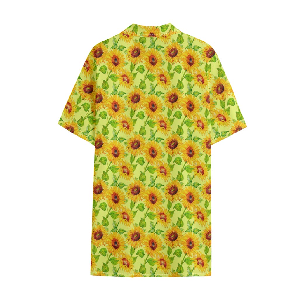 Beige Watercolor Sunflower Pattern Print Cotton Hawaiian Shirt