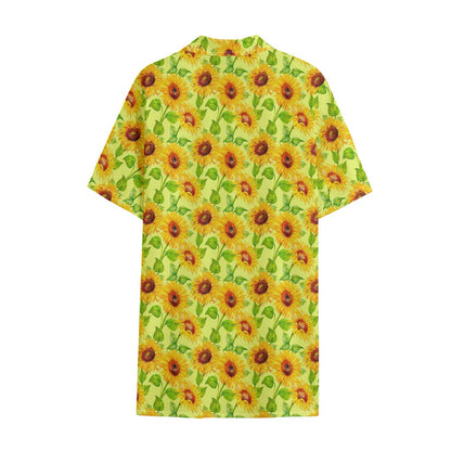 Beige Watercolor Sunflower Pattern Print Cotton Hawaiian Shirt