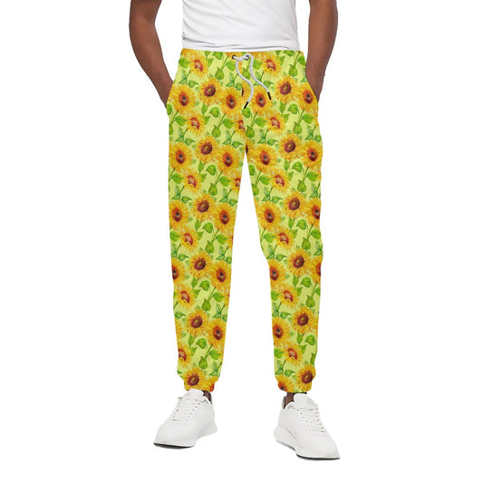 Beige Watercolor Sunflower Pattern Print Cotton Pants