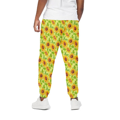 Beige Watercolor Sunflower Pattern Print Cotton Pants