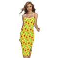 Beige Watercolor Sunflower Pattern Print Cross Back Cami Dress
