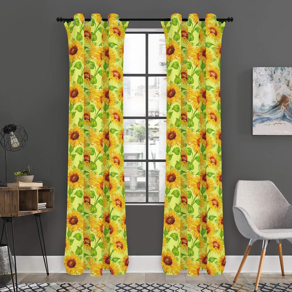Beige Watercolor Sunflower Pattern Print Curtain