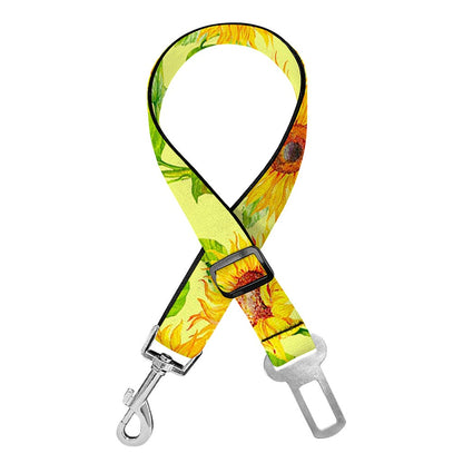 Beige Watercolor Sunflower Pattern Print Dog Seat Belt