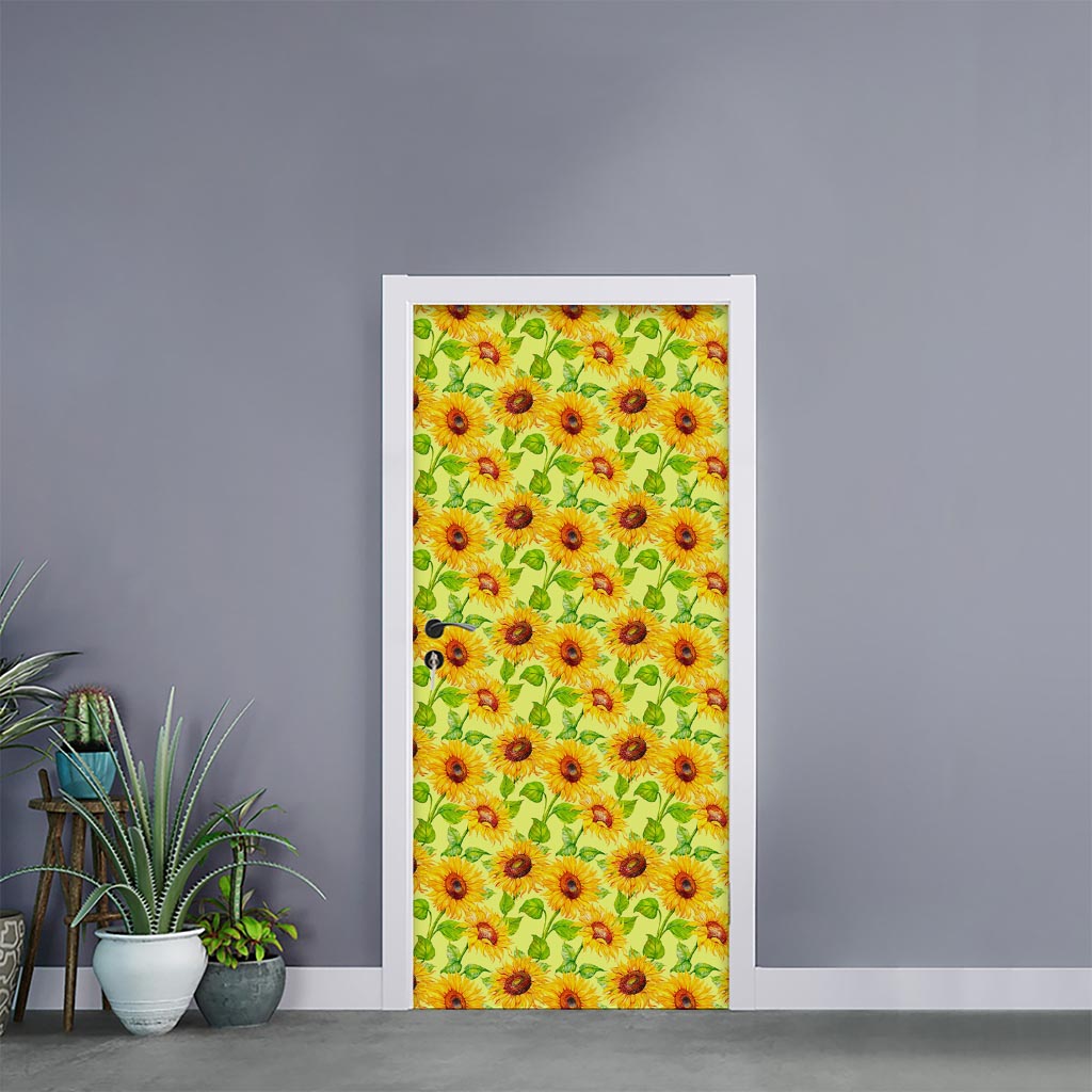 Beige Watercolor Sunflower Pattern Print Door Sticker