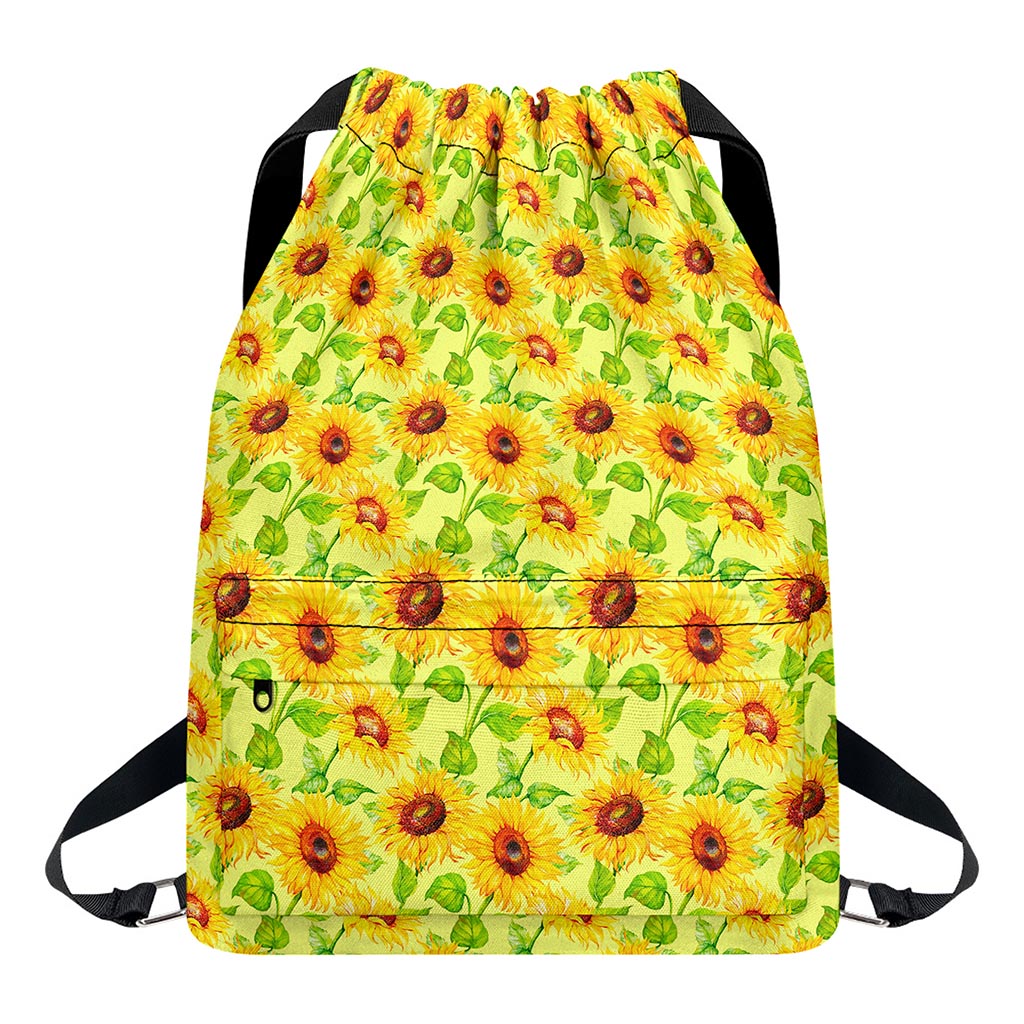 Beige Watercolor Sunflower Pattern Print Drawstring Backpack