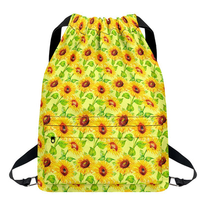 Beige Watercolor Sunflower Pattern Print Drawstring Backpack