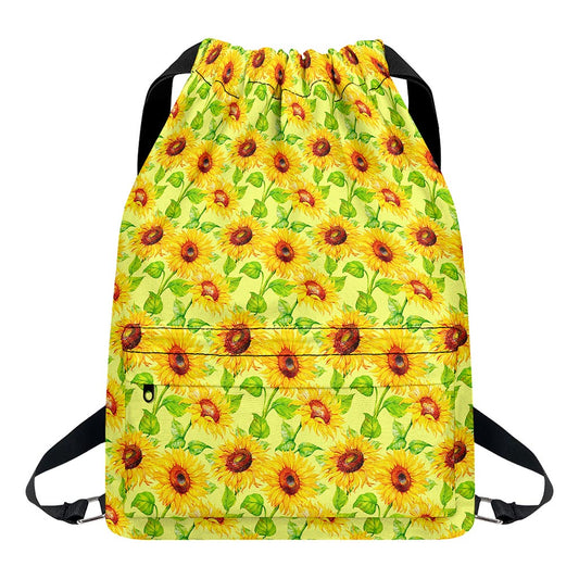 Beige Watercolor Sunflower Pattern Print Drawstring Backpack