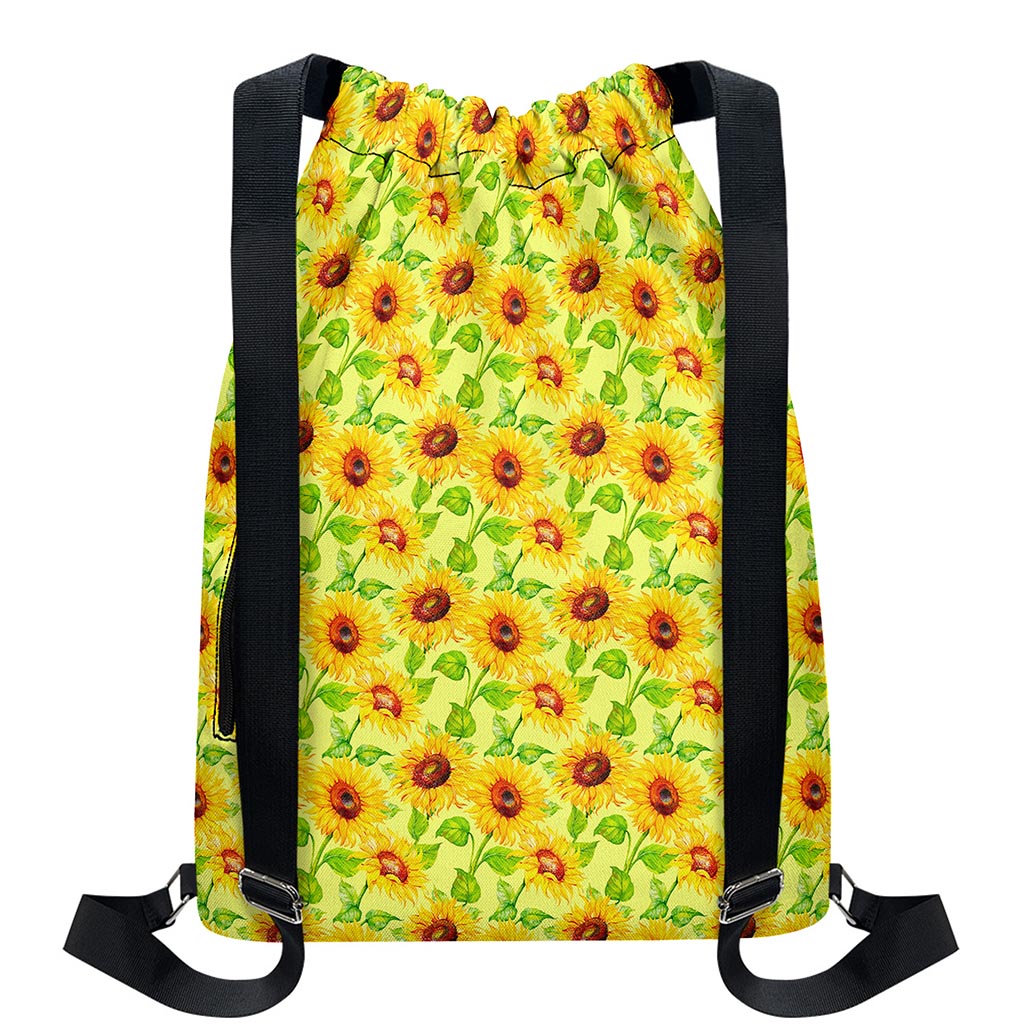 Beige Watercolor Sunflower Pattern Print Drawstring Backpack