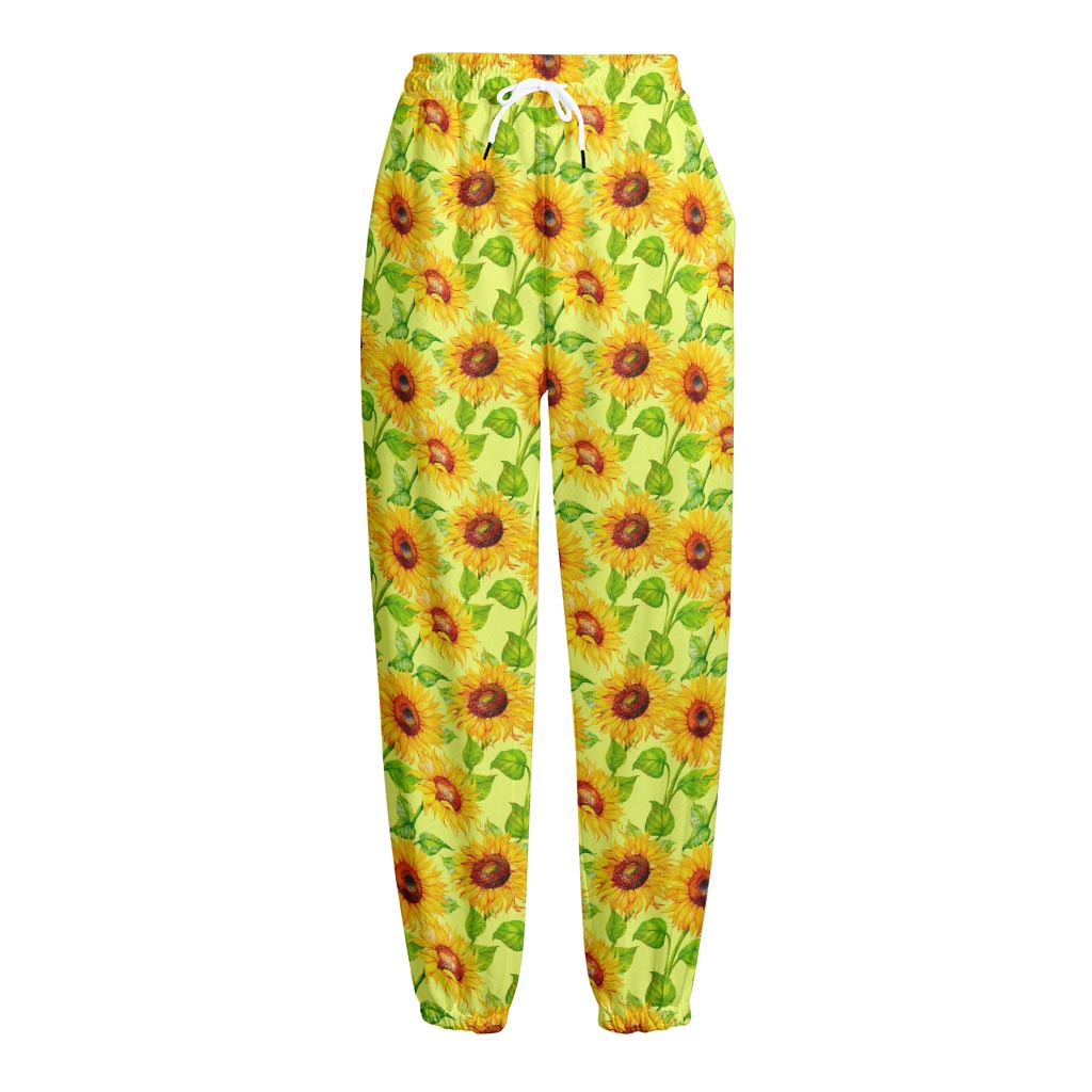Beige Watercolor Sunflower Pattern Print Fleece Lined Knit Pants