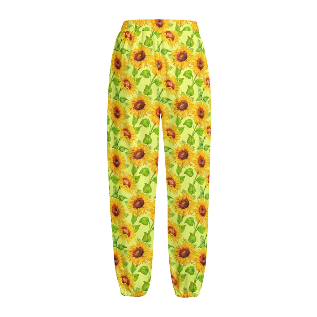 Beige Watercolor Sunflower Pattern Print Fleece Lined Knit Pants
