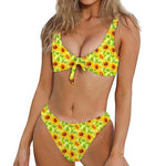 Beige Watercolor Sunflower Pattern Print Front Bow Tie Bikini