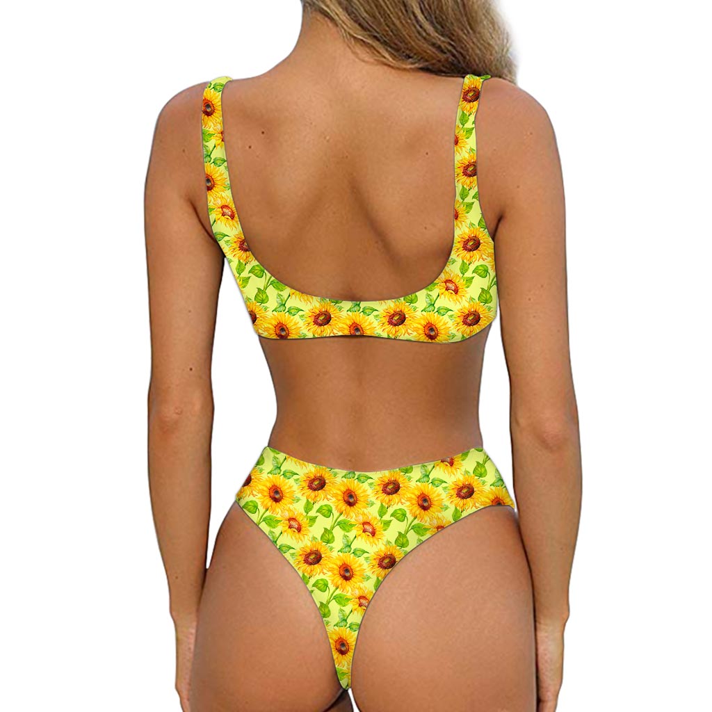 Beige Watercolor Sunflower Pattern Print Front Bow Tie Bikini