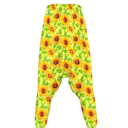 Beige Watercolor Sunflower Pattern Print Hammer Pants