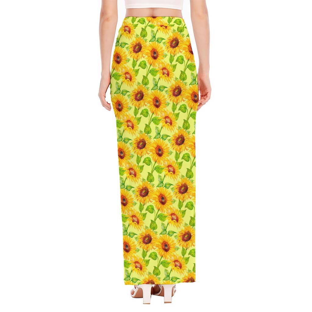 Beige Watercolor Sunflower Pattern Print High Slit Maxi Skirt