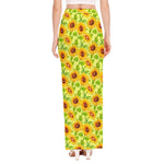 Beige Watercolor Sunflower Pattern Print High Slit Maxi Skirt