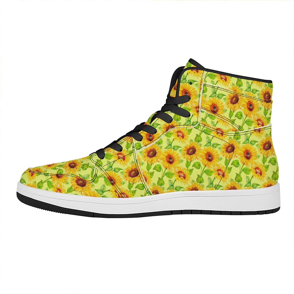 Beige Watercolor Sunflower Pattern Print High Top Leather Sneakers