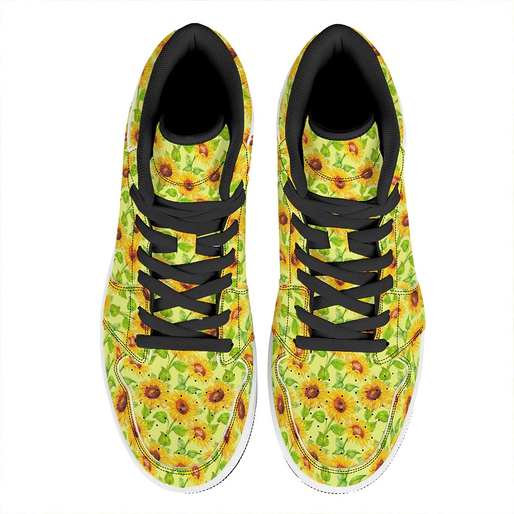 Beige Watercolor Sunflower Pattern Print High Top Leather Sneakers