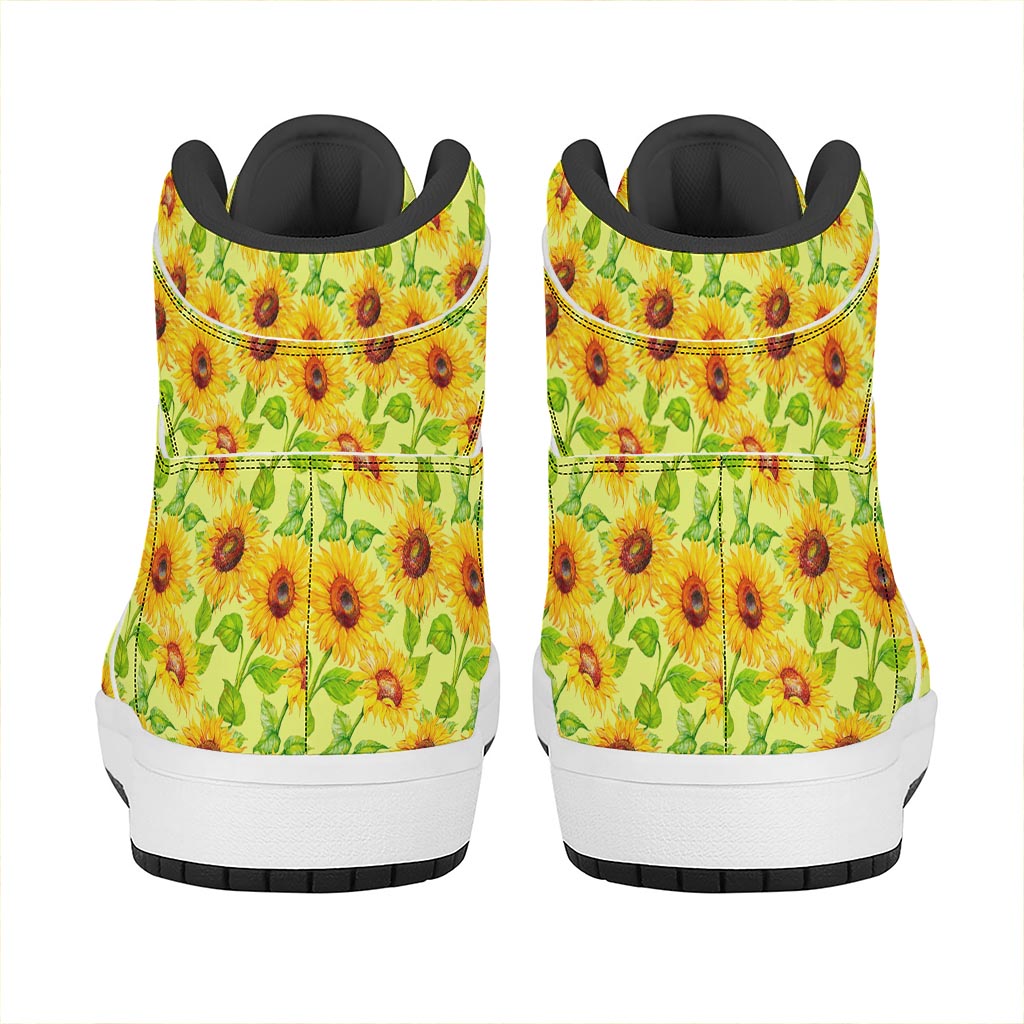 Beige Watercolor Sunflower Pattern Print High Top Leather Sneakers
