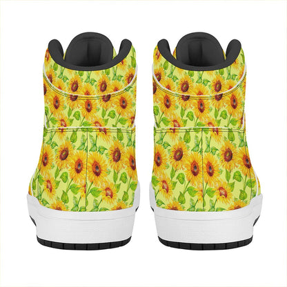 Beige Watercolor Sunflower Pattern Print High Top Leather Sneakers