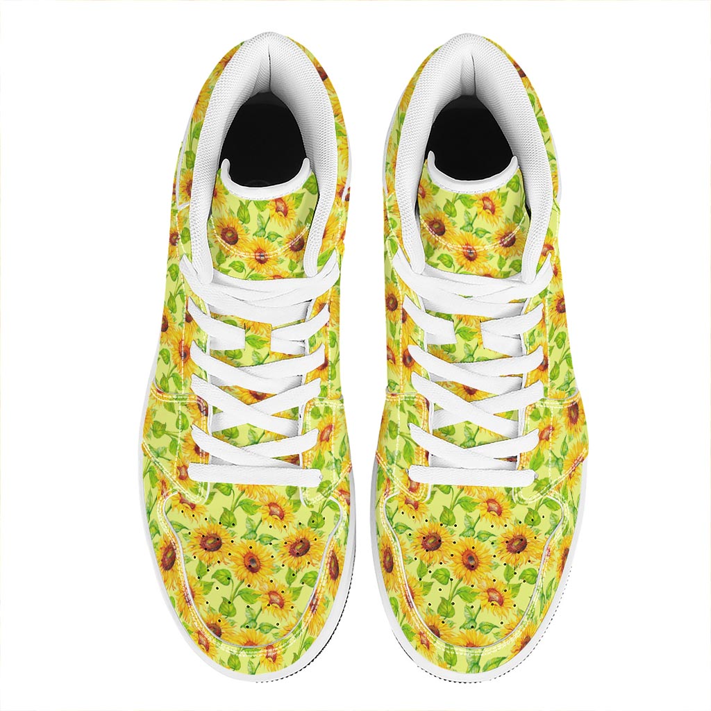Beige Watercolor Sunflower Pattern Print High Top Leather Sneakers