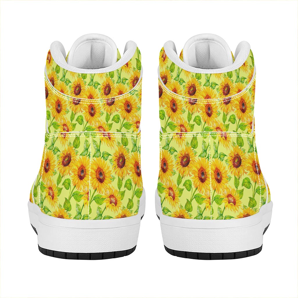 Beige Watercolor Sunflower Pattern Print High Top Leather Sneakers