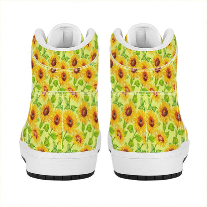 Beige Watercolor Sunflower Pattern Print High Top Leather Sneakers