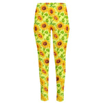 Beige Watercolor Sunflower Pattern Print High-Waisted Pocket Leggings