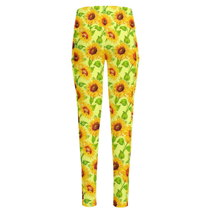 Beige Watercolor Sunflower Pattern Print High-Waisted Pocket Leggings
