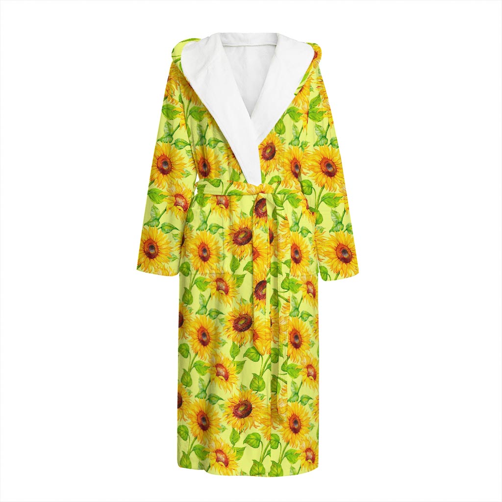 Beige Watercolor Sunflower Pattern Print Hooded Bathrobe