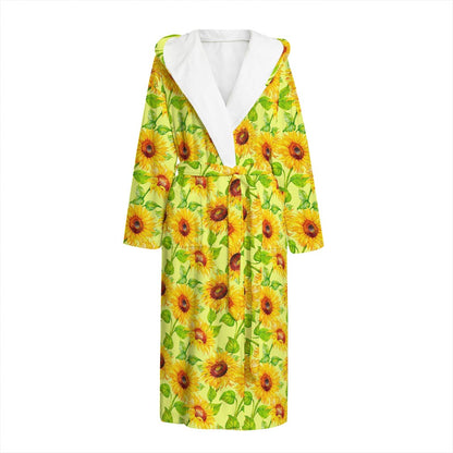 Beige Watercolor Sunflower Pattern Print Hooded Bathrobe