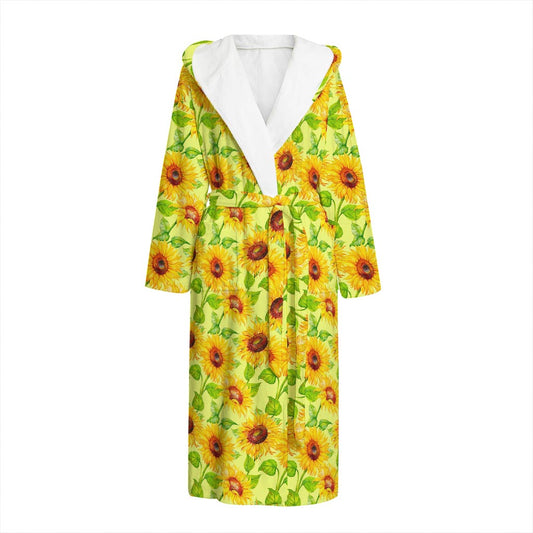 Beige Watercolor Sunflower Pattern Print Hooded Bathrobe
